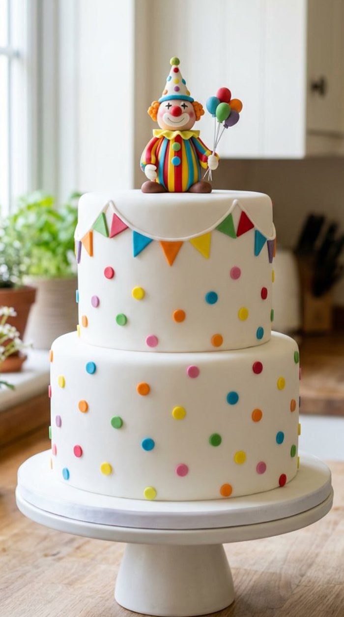 A two-tiered white cake decorated with colorful polka dots and a banner, topped with a cheerful clown figurine holding balloons, sits on a white cake stand in a bright kitchen.