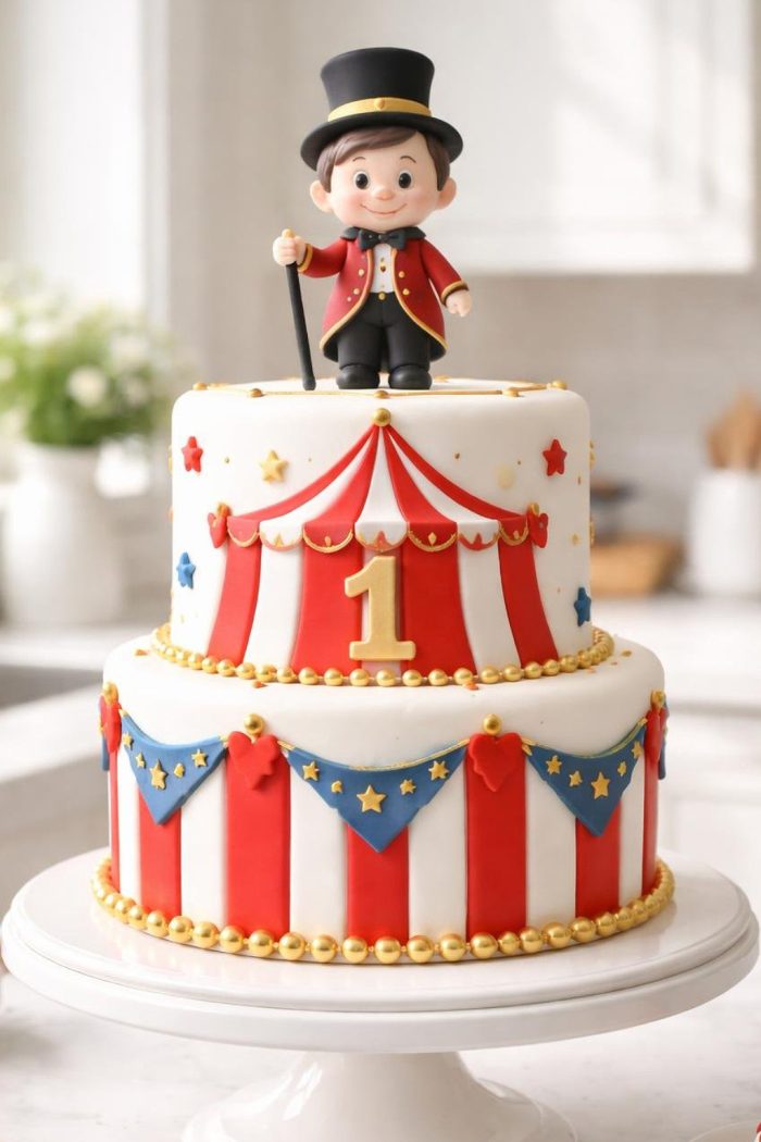 Two-tier circus-themed cake with red and white stripes, blue and gold accents, a gold number 1, and a fondant ringmaster figurine wearing a top hat on top. The cake is displayed on a white stand.