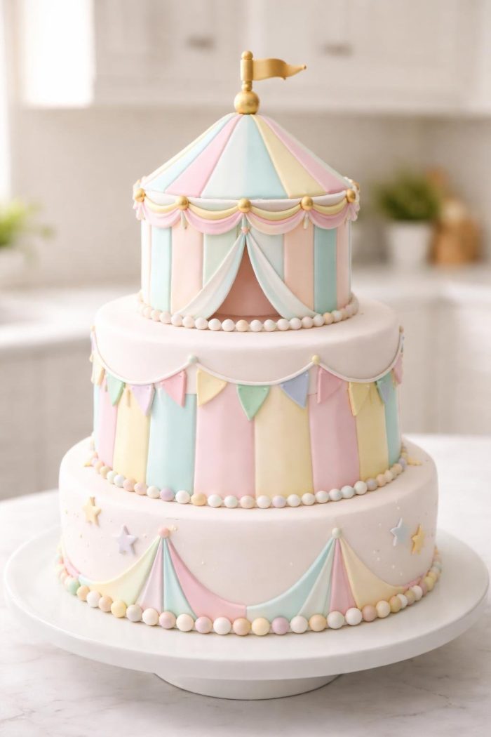 A three-tier pastel circus-themed cake decorated with bunting, drapes, and a tent topper with a gold flag, displayed on a white cake stand in a bright kitchen.
