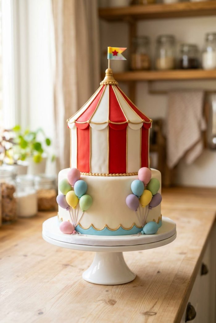 A circus-themed cake with a red and white striped tent on top, pastel balloon decorations at the base, and a small flag on the tent, displayed on a white cake stand in a cozy kitchen.