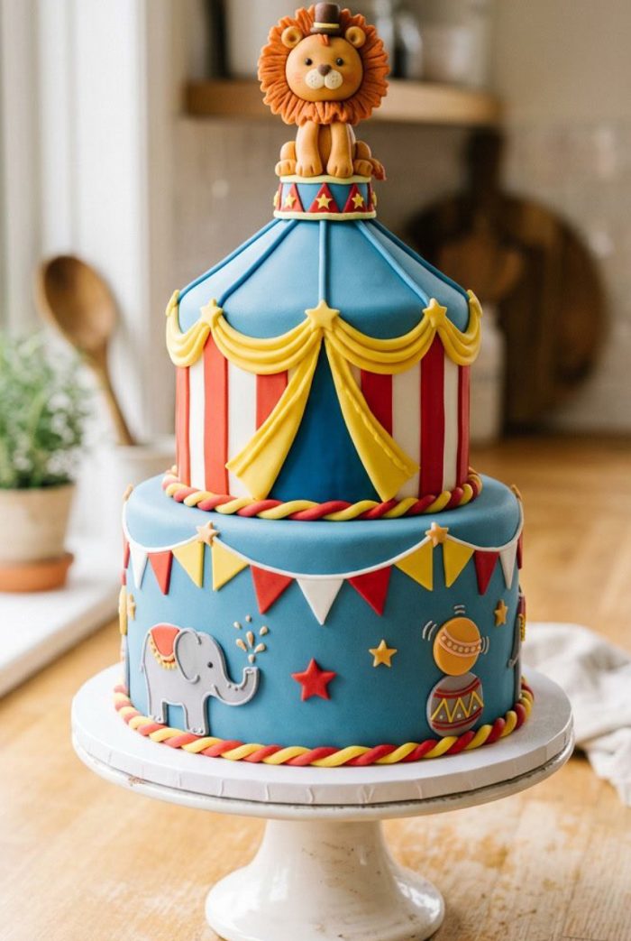 Two-tier circus-themed cake decorated with fondant banners, stars, an elephant, and a drum, topped with a cute lion figurine. The cake has red, blue, and yellow colors and sits on a white cake stand.