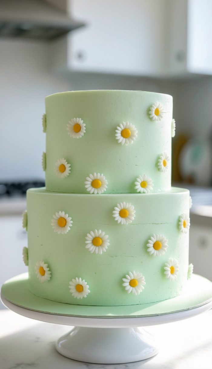 A two-tiered light green cake decorated with evenly spaced white and yellow daisy flowers sits on a white cake stand in a bright kitchen.