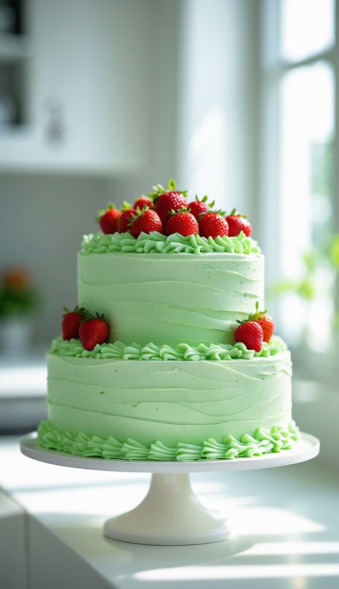 A two-tiered cake with light green frosting, decorated with piped edges and topped with fresh strawberries, sits on a white cake stand in a bright kitchen.