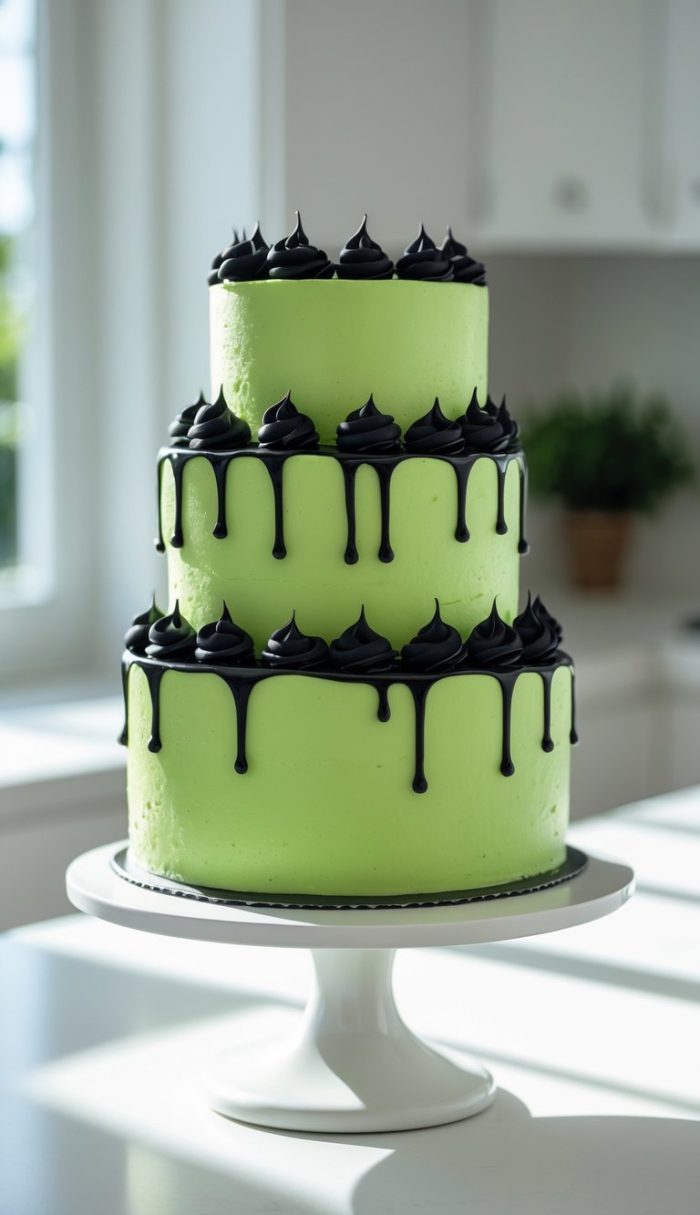 A three-tiered cake with light green frosting, topped and decorated with black icing drips and dollops, sitting on a white cake stand in a bright kitchen.