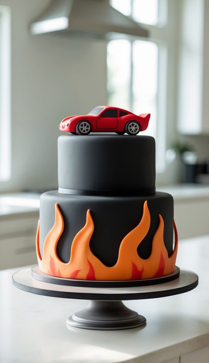 A two-tiered cake with black fondant, decorated with orange flames on the bottom tier and topped with a red toy sports car, displayed on a cake stand in a bright kitchen.