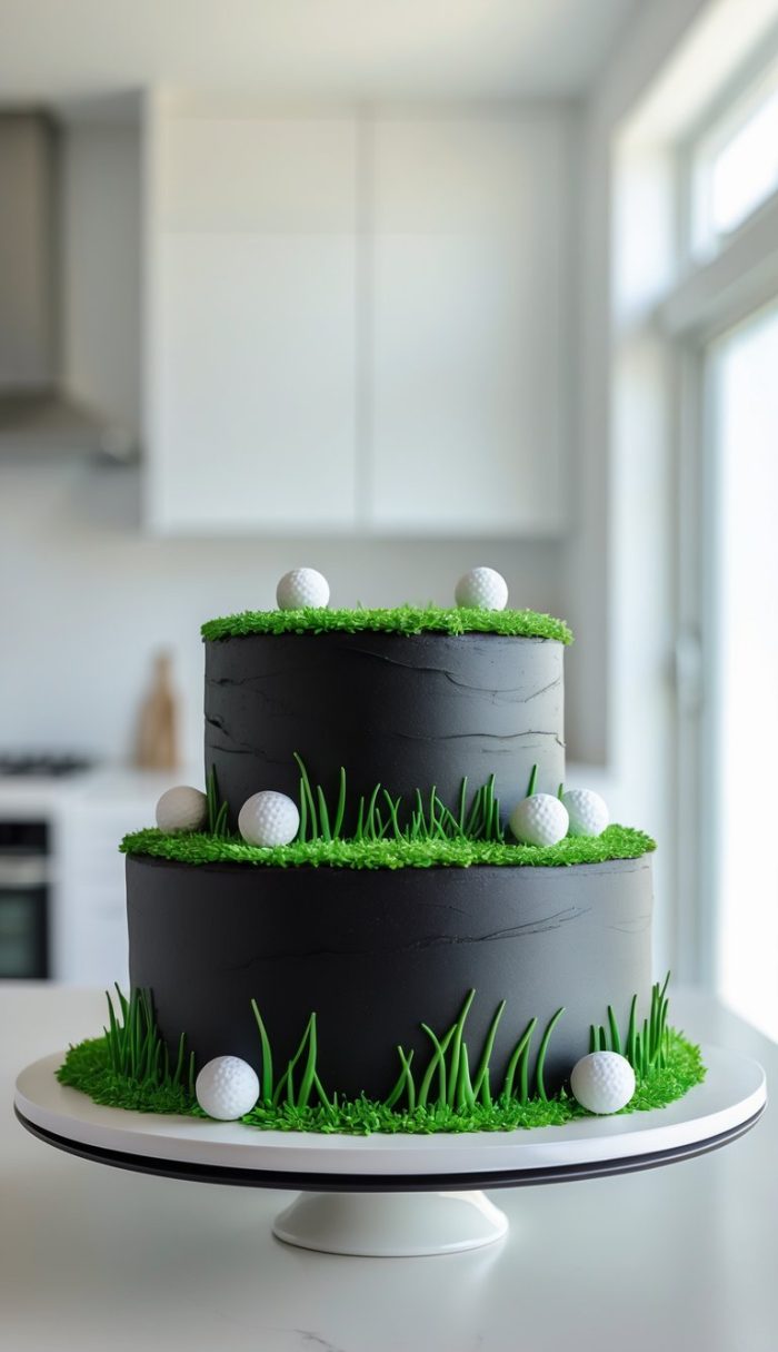 A two-tier black cake decorated with green icing to resemble grass and topped with white golf ball decorations, set on a white cake stand in a modern kitchen.