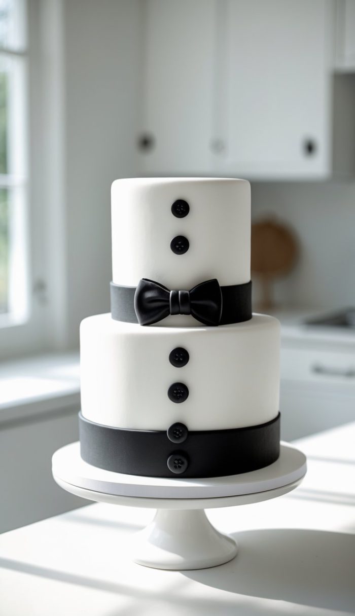 A two-tier cake decorated to look like a tuxedo, with smooth white fondant, black buttons, black ribbons around each tier, and a black fondant bow tie, displayed on a white cake stand in a bright kitchen.