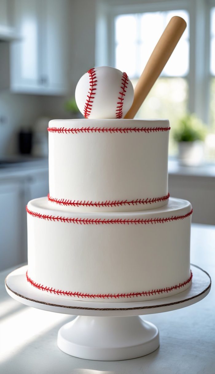A two-tier white cake decorated with red baseball stitching, topped with a baseball and a bat, displayed on a white cake stand in a bright kitchen.