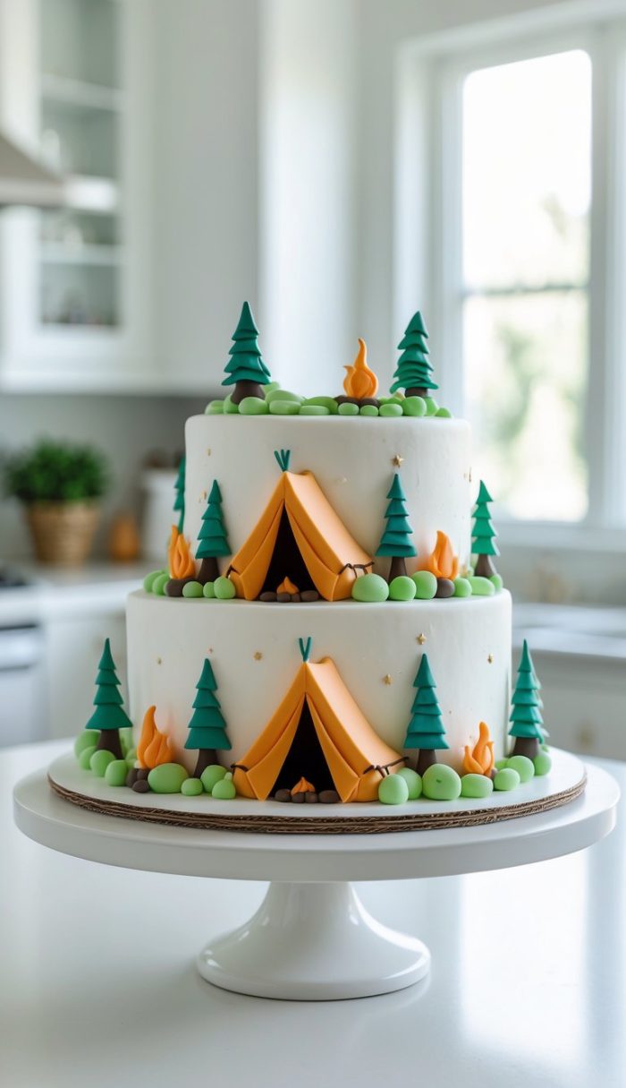 A two-tiered cake decorated with fondant trees, tents, and campfires, placed on a white cake stand in a bright kitchen. The cake has a camping theme with green, orange, and brown accents.