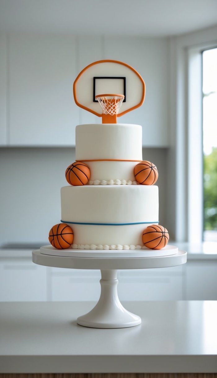 A three-tier white cake decorated with small fondant basketballs and topped with a basketball hoop, displayed on a white cake stand in a bright, modern kitchen.