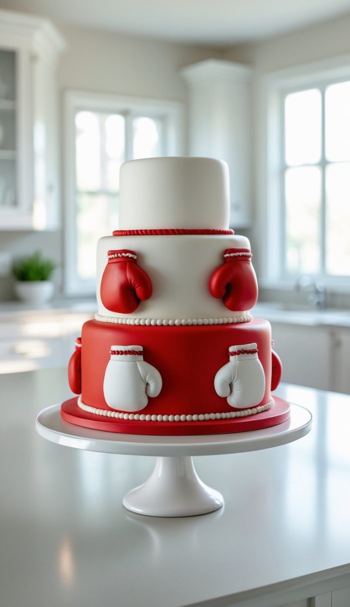 A three-tiered cake decorated with red and white boxing gloves and small white pearls sits on a white cake stand in a bright, modern kitchen.