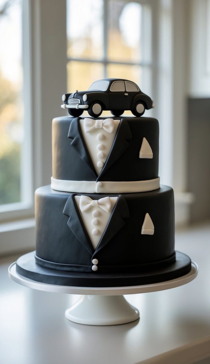 A two-tier black cake decorated with tuxedo designs and white bow ties, topped with a black car model, displayed on a white cake stand by a window.