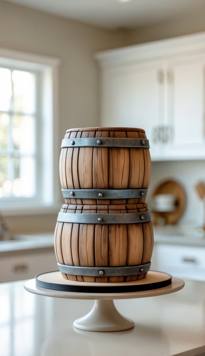 A realistic cake shaped like two stacked wooden barrels sits on a white cake stand in a bright, modern kitchen.
