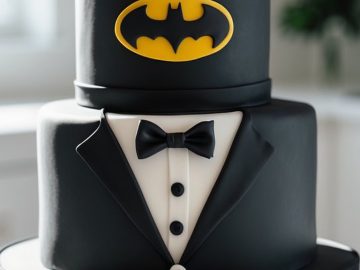 A two-tier cake decorated in black fondant, with the bottom tier resembling a tuxedo and the top tier featuring a yellow and black Batman logo, displayed on a white cake stand.