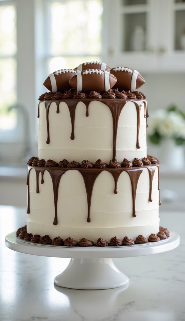 A two-tiered white cake with chocolate drip icing, topped with three chocolate football decorations, sits on a white cake stand in a bright kitchen.