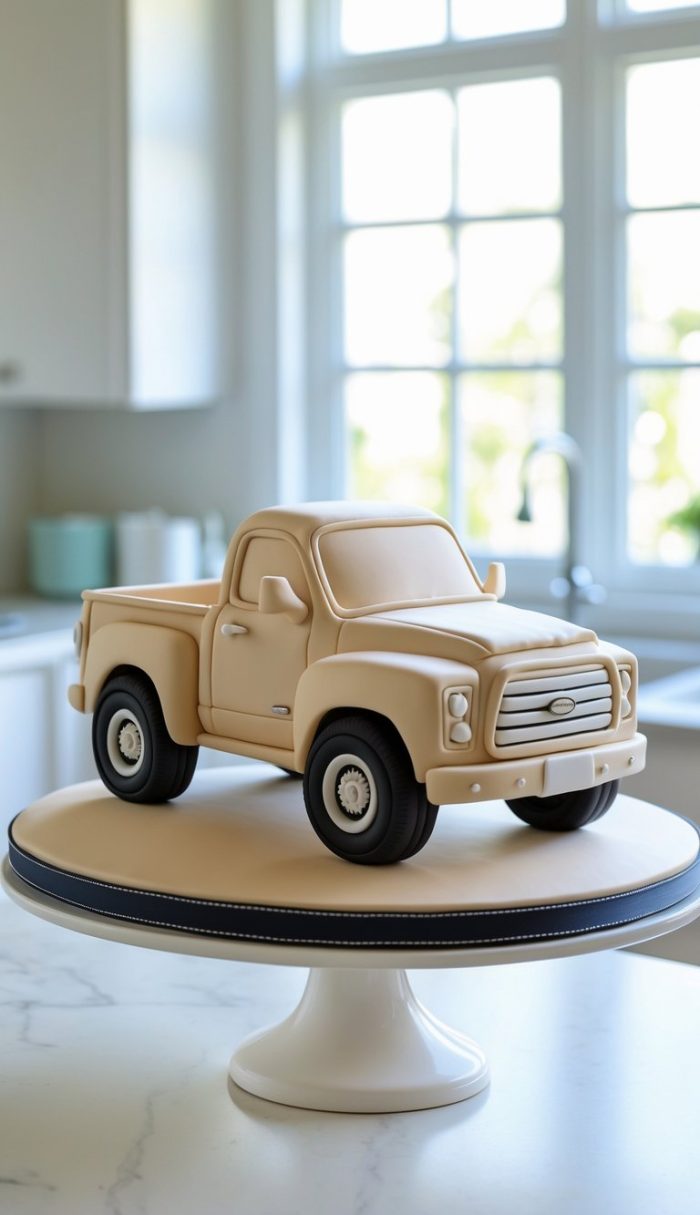 A beige pickup truck-shaped cake sits on a white pedestal in a bright kitchen, with large windows in the background letting in natural light.