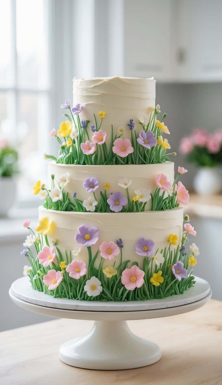 A three-tiered white cake decorated with colorful pastel flowers and green leaves made of icing, displayed on a white cake stand in a bright kitchen.