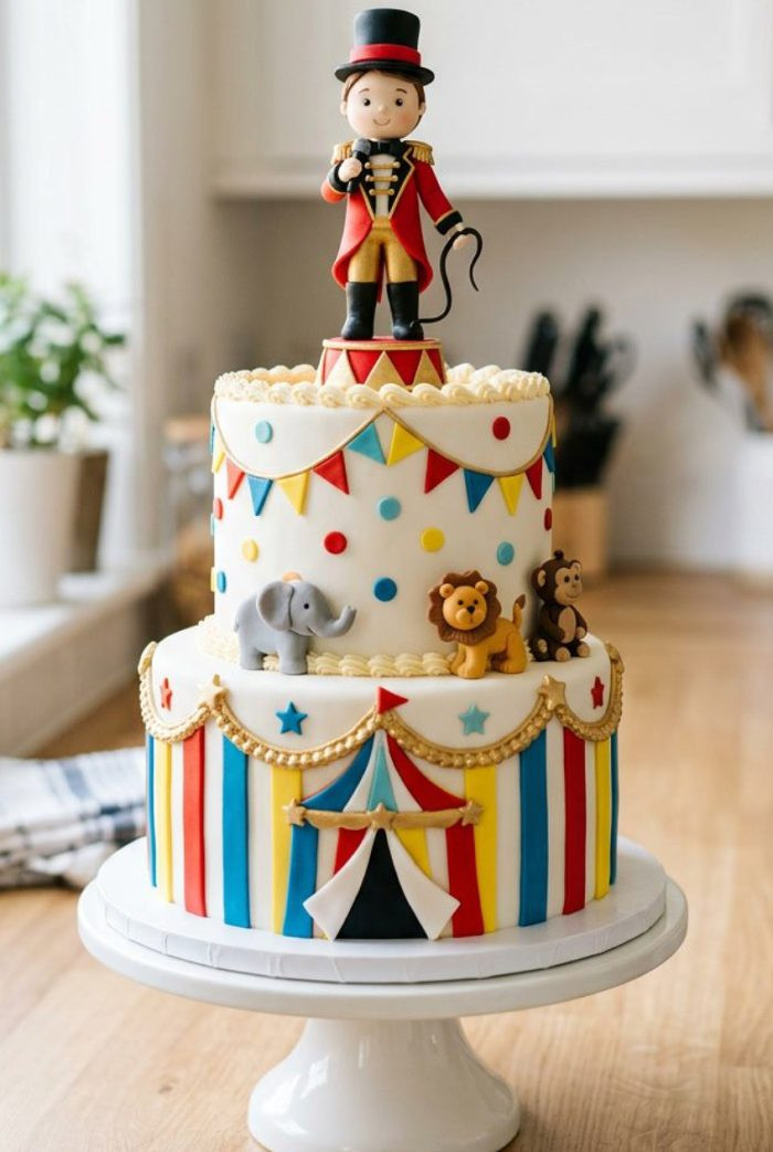 Two-tier circus-themed cake decorated with colorful stripes, bunting, fondant animals (elephant, lion, monkey), and a circus tent. A ringmaster figure stands on top holding a whip. The cake sits on a white stand.