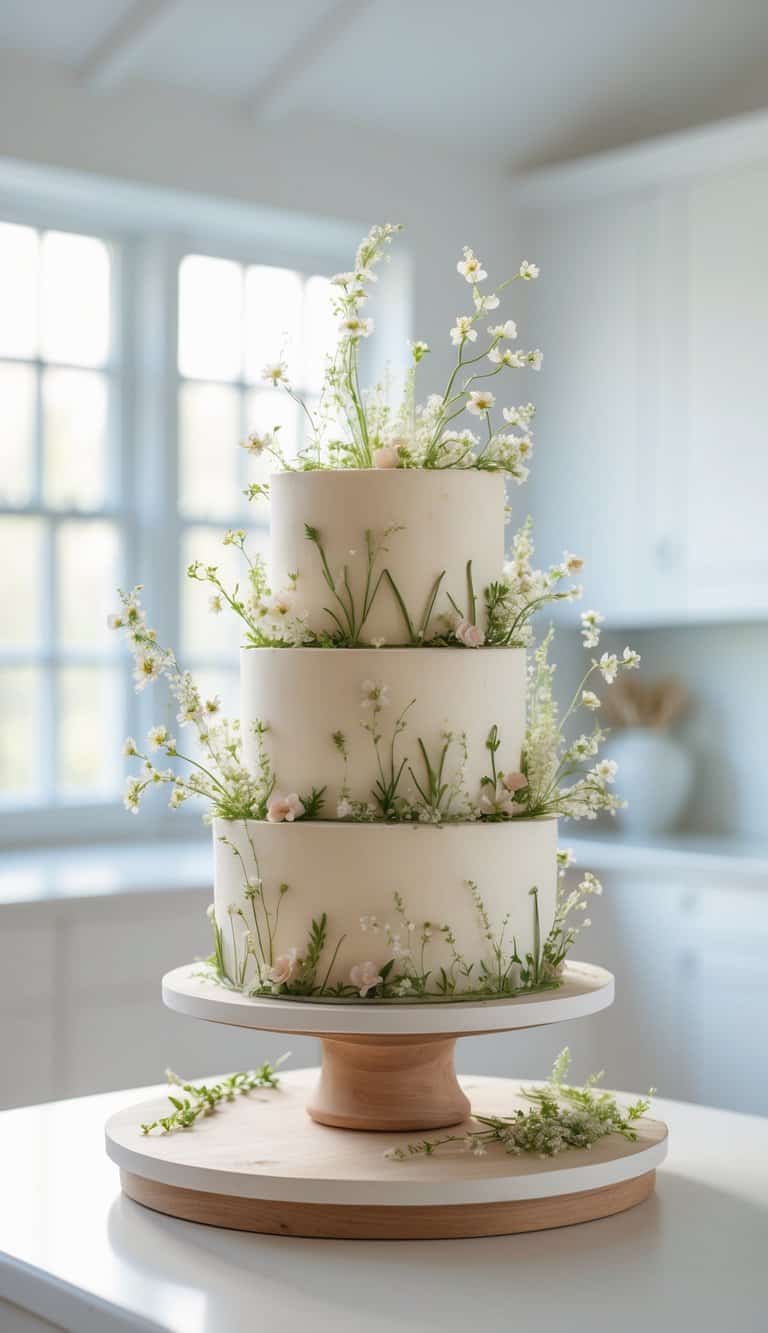 A three-tiered white cake decorated with delicate white and green flowers sits on a wooden cake stand in a bright, modern kitchen with large windows in the background.
