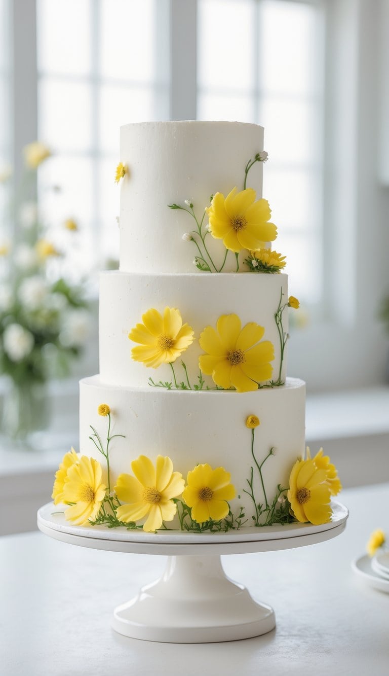 A three-tiered white cake decorated with yellow flowers and green stems, displayed on a white cake stand in a bright room with large windows and floral arrangements in the background.