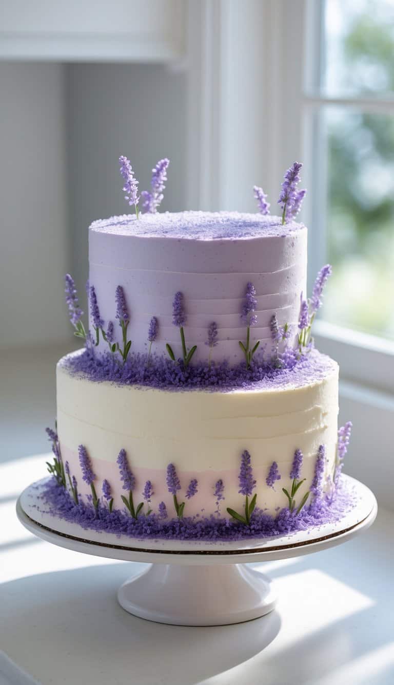 A two-tiered cake decorated with lavender-purple and white frosting, adorned with sprigs of lavender flowers and purple sugar crystals, sits on a white cake stand by a sunlit window.
