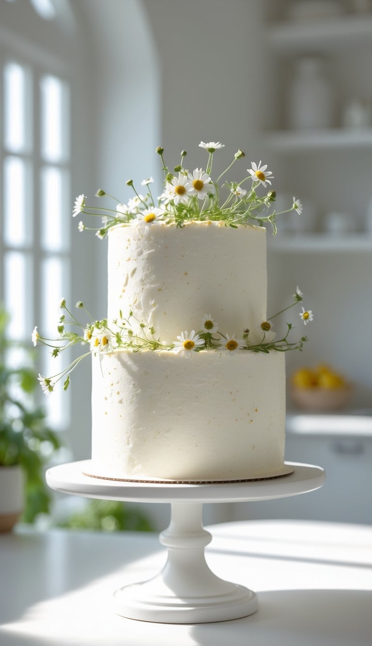 A two-tier white frosted cake decorated with small white daisies sits on a white cake stand in a bright, sunlit kitchen.