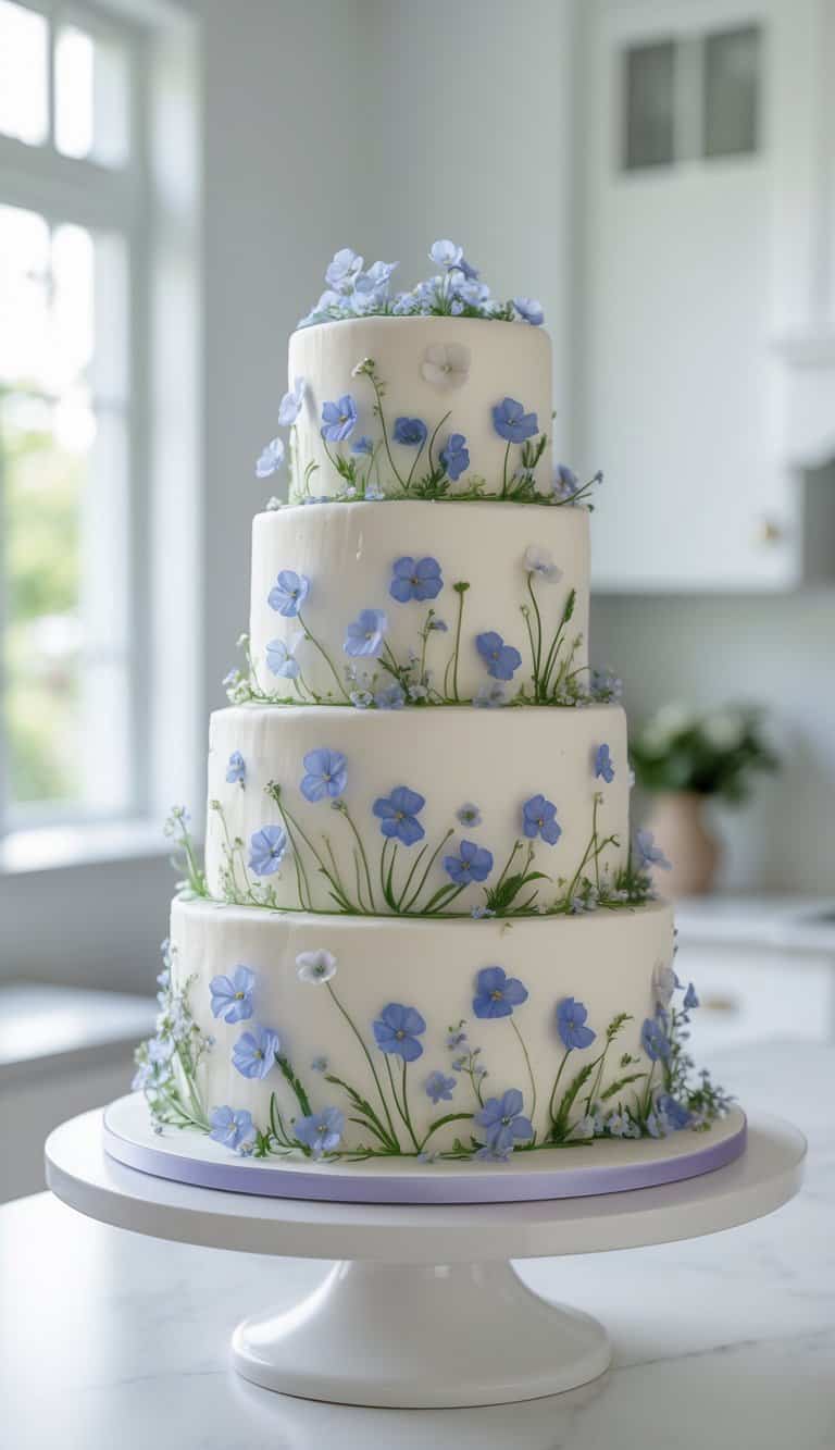 A four-tiered white cake decorated with delicate blue and white flowers and green stems, displayed on a white cake stand in a bright, modern kitchen.