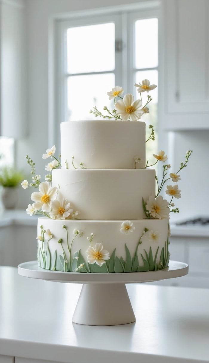 A three-tiered white cake decorated with delicate yellow and white flowers and green leaves, displayed on a white stand in a bright, modern kitchen.