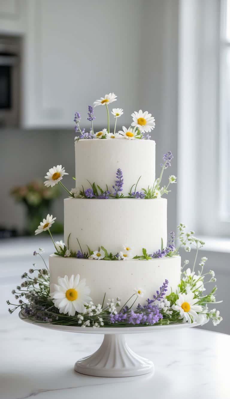 A three-tiered white cake decorated with fresh daisies, lavender, and green foliage sits on a pedestal stand in a bright kitchen.
