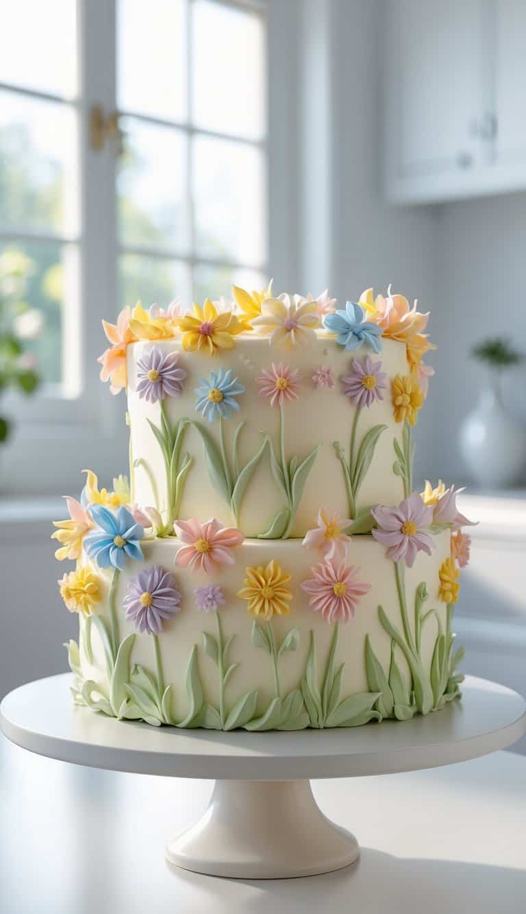 A two-tiered cake decorated with pastel-colored fondant flowers and green leaves, displayed on a white cake stand in a bright kitchen with sunlight coming through the window.