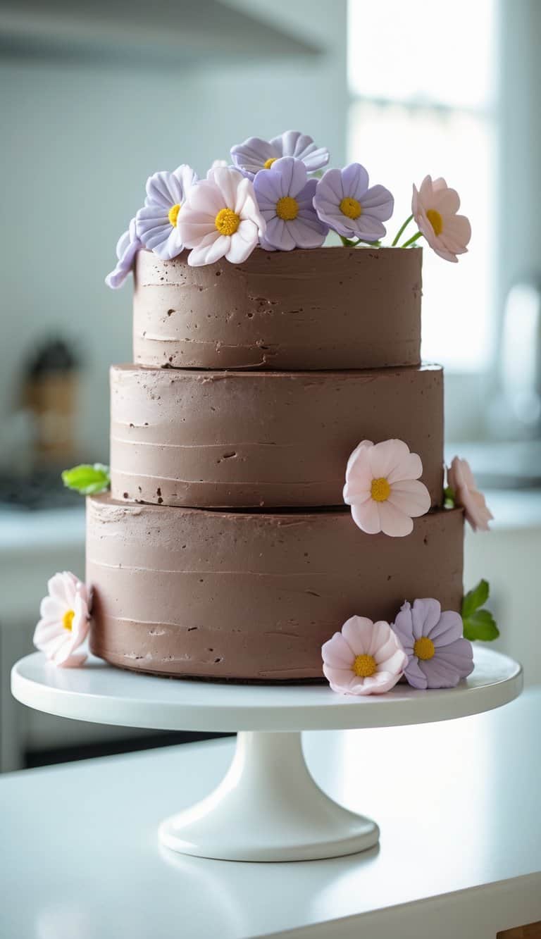 A three-tiered chocolate cake with smooth frosting, decorated with pastel pink and purple daisies, sits on a white cake stand in a bright kitchen.