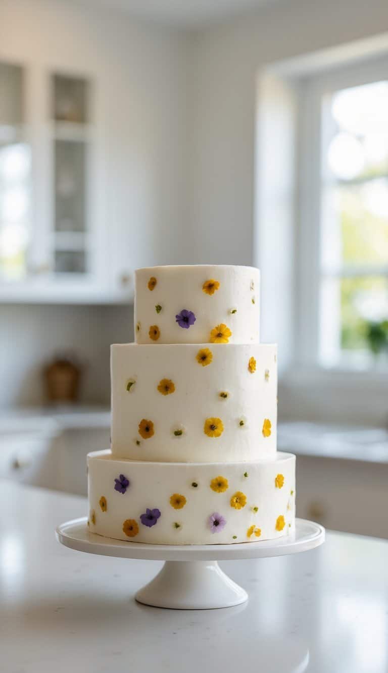 A three-tiered white cake decorated with small yellow and purple edible flowers sits on a white cake stand in a bright, modern kitchen.