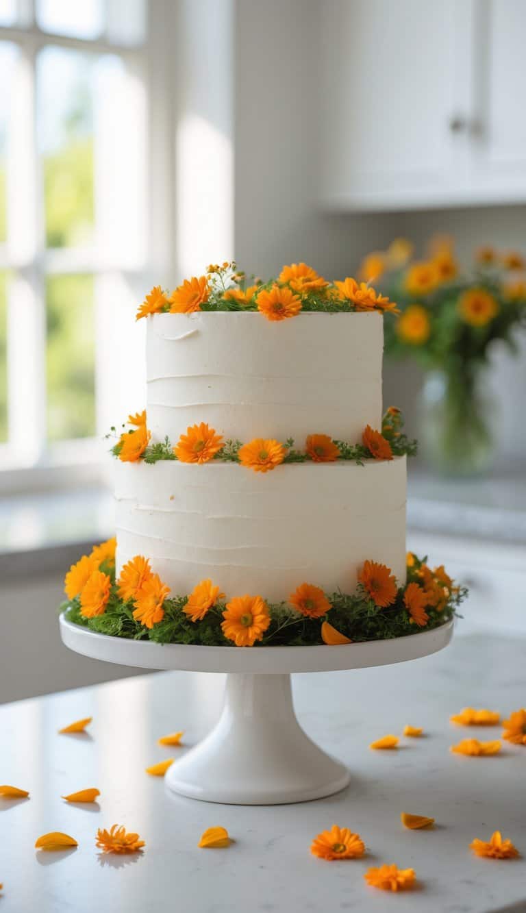 Two-tiered white frosted cake decorated with bright orange flowers and greenery, displayed on a white cake stand in a sunlit kitchen. Orange petals are scattered on the marble countertop.