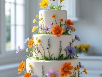 A three-tiered white cake decorated with colorful, realistic fondant flowers, including yellow, orange, and purple blooms, sits on a white cake stand in a bright, modern kitchen.