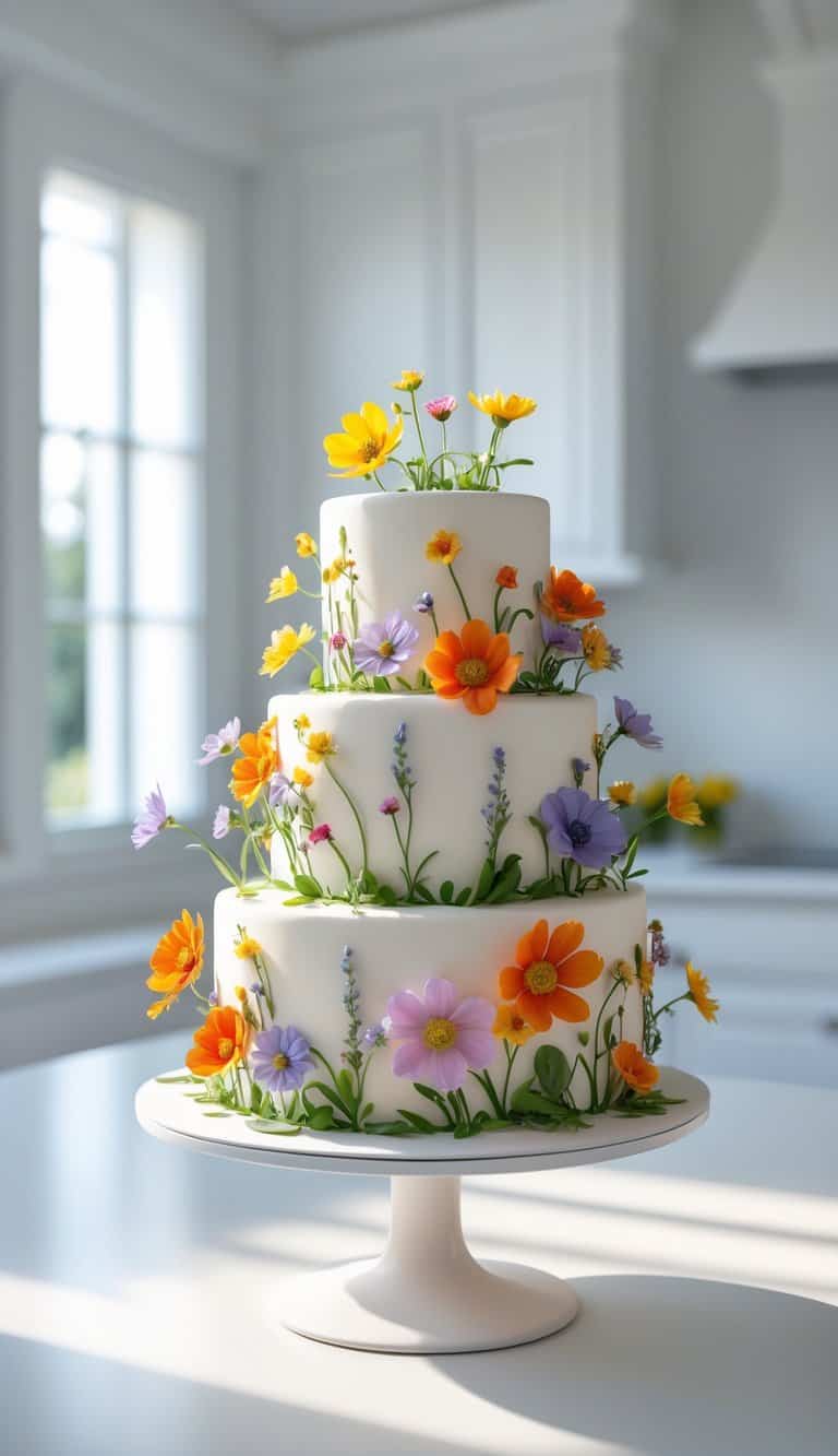 A three-tiered white cake decorated with colorful, realistic fondant flowers, including yellow, orange, and purple blooms, sits on a white cake stand in a bright, modern kitchen.