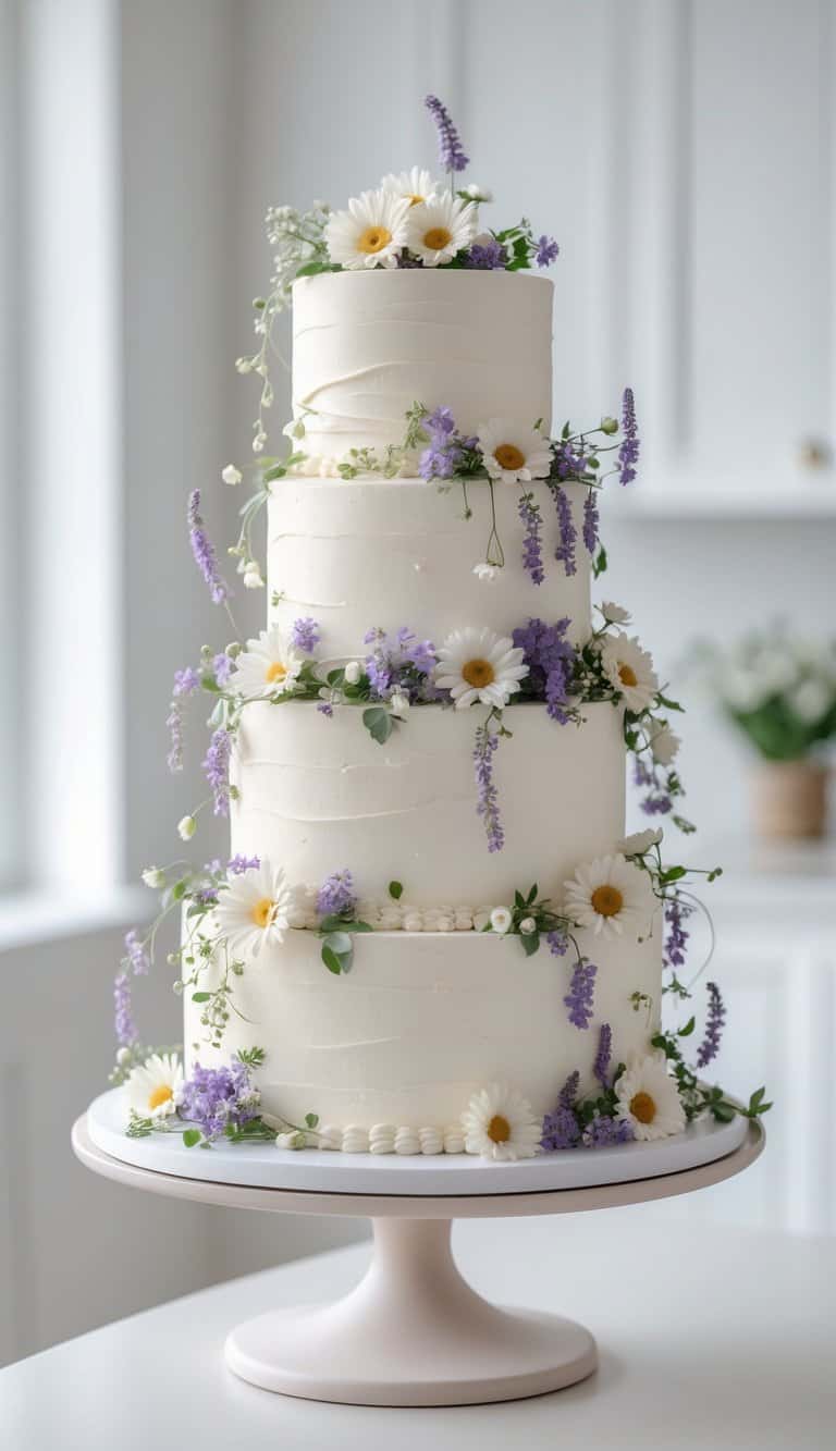 A four-tiered white wedding cake decorated with white daisies, purple flowers, and greenery, displayed on a white cake stand in a bright, elegant room.