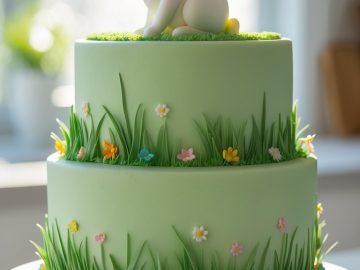 A two-tiered green cake decorated with grass and colorful flowers, topped with a fondant bunny, sits on a white cake stand in a sunlit room.