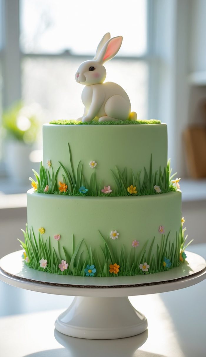 A two-tiered green cake decorated with grass and colorful flowers, topped with a fondant bunny, sits on a white cake stand in a sunlit room.