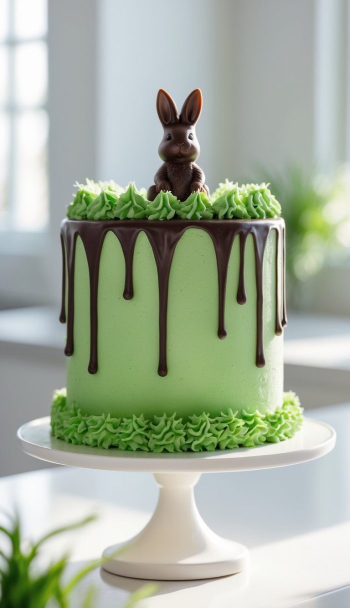 A tall, round cake with green frosting and chocolate drips sits on a white stand. Green piped frosting decorates the top and bottom, and a chocolate bunny figurine is placed on top. The background is bright and airy.