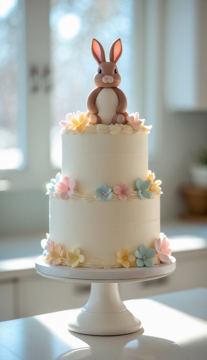 A two-tiered white cake decorated with pastel flowers and topped with a fondant bunny, displayed on a white cake stand in a bright kitchen.