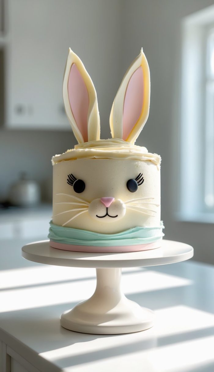 A round cake decorated to look like a bunny, with tall ears, big eyes, a pink nose, whiskers, and a light blue scarf, displayed on a white cake stand in a bright kitchen.