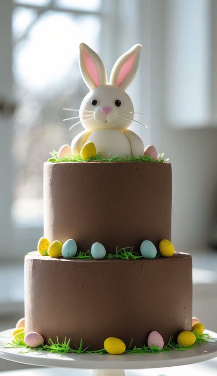 A two-tiered chocolate cake decorated with colorful candy eggs and green icing grass, topped with a cute bunny made of fondant, with white fur, pink ears, and whiskers.
