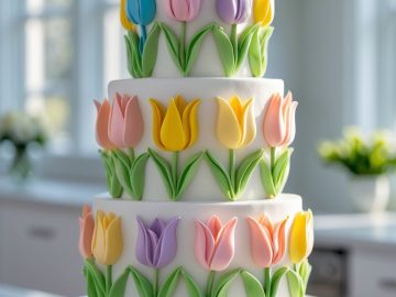 A three-tiered white cake decorated with colorful fondant tulips in pink, yellow, orange, purple, and blue, displayed on a white stand in a bright, modern kitchen.