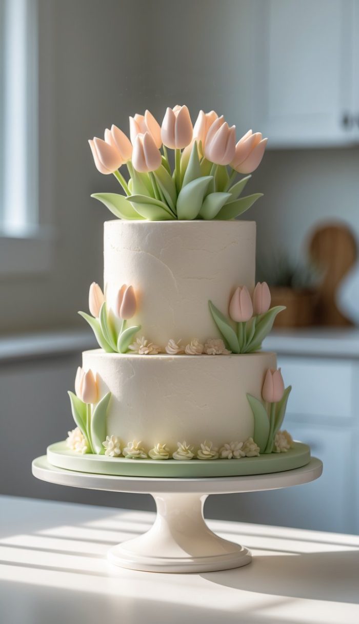 A two-tiered white cake decorated with realistic pale pink tulip flowers and green leaves made of fondant, displayed on a white cake stand in a bright kitchen setting.