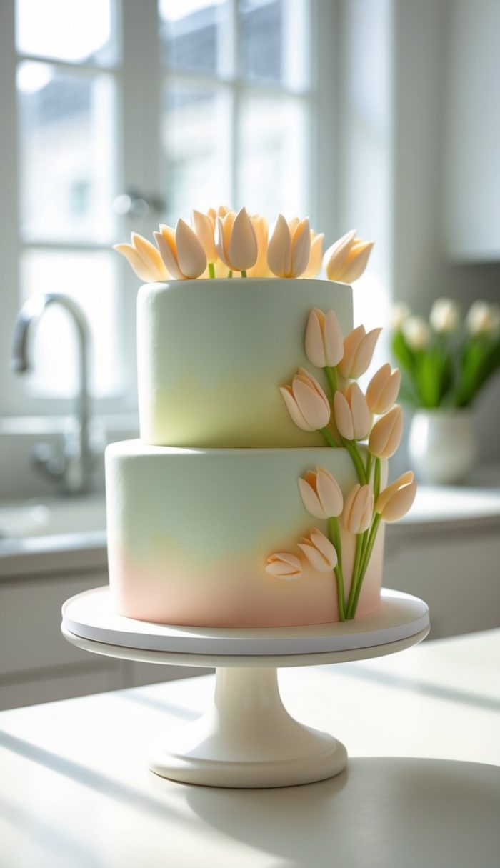 Two-tiered pastel cake decorated with delicate, peach-colored tulip flowers, displayed on a white cake stand in a bright, modern kitchen with natural light.