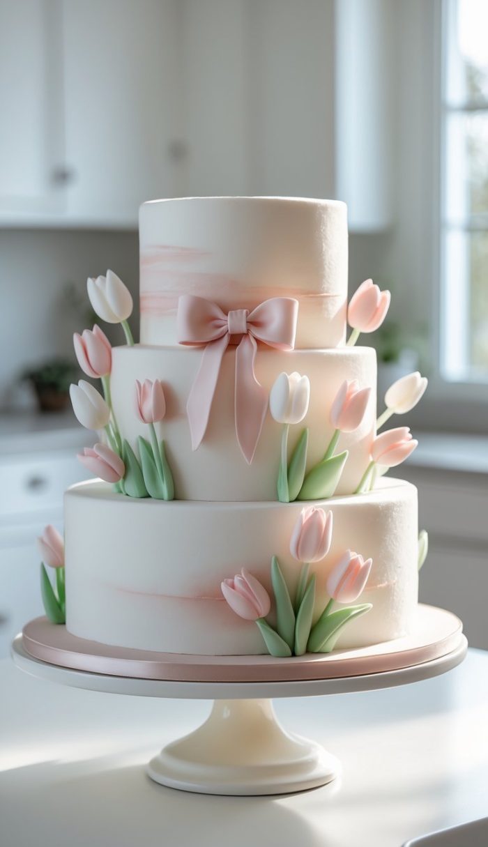 A three-tiered white cake decorated with pale pink and white tulip-shaped fondant flowers and a pink ribbon bow, displayed on a white cake stand in a bright kitchen.