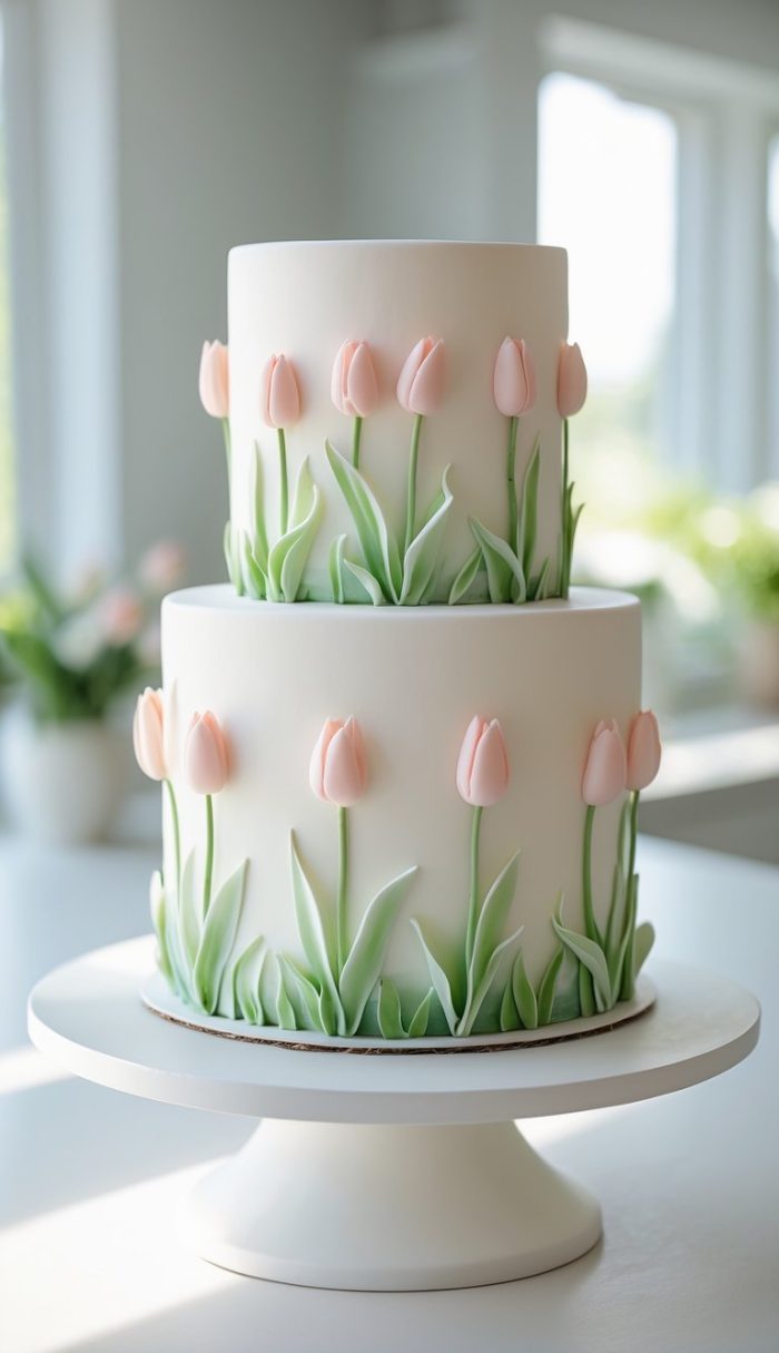 A two-tiered white cake decorated with pastel pink tulip flowers and green leaves made from fondant, displayed on a white cake stand in a bright, sunlit room.