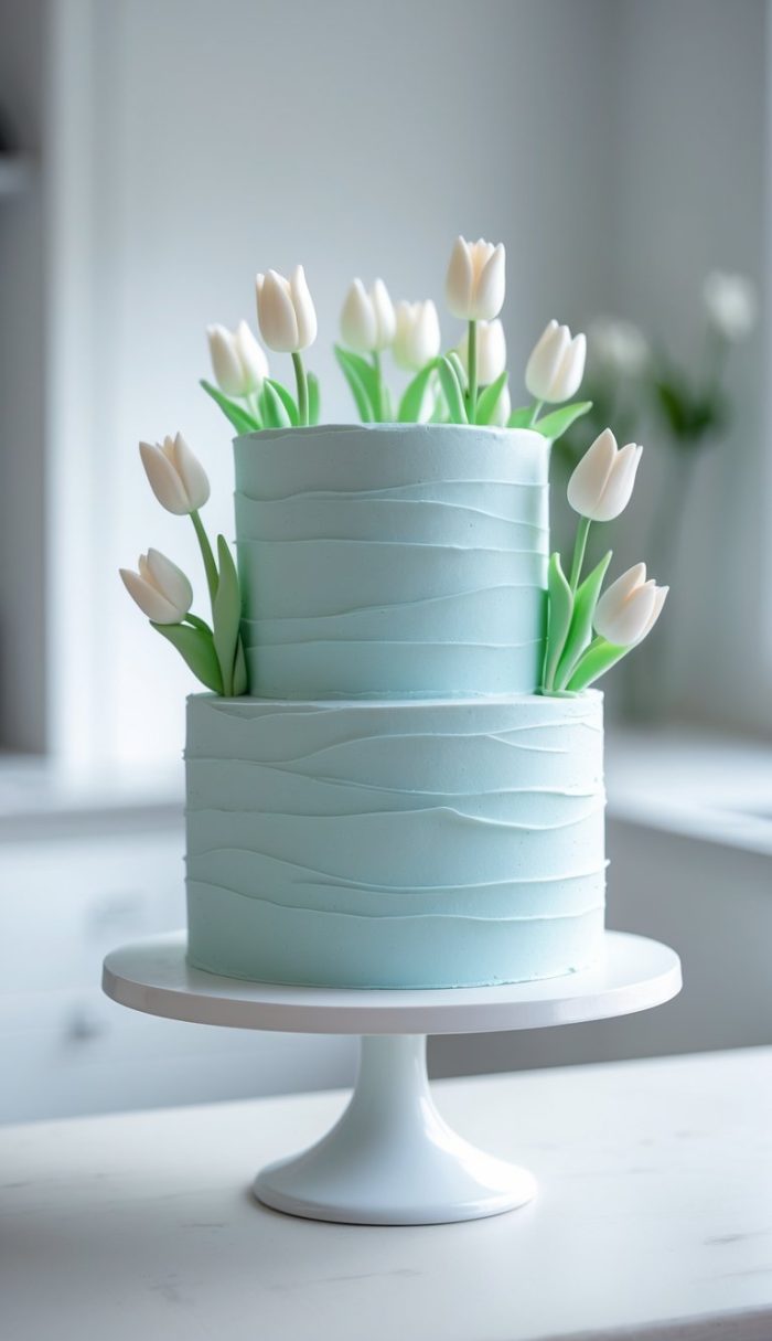 A two-tiered light blue cake decorated with white tulip-shaped fondant flowers, displayed on a white cake stand in a bright, modern kitchen.