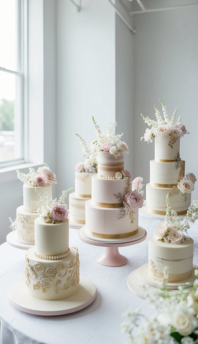 A table adorned with an array of intricately decorated cakes, featuring delicate flowers, intricate piping, and elegant designs in a bright, airy space