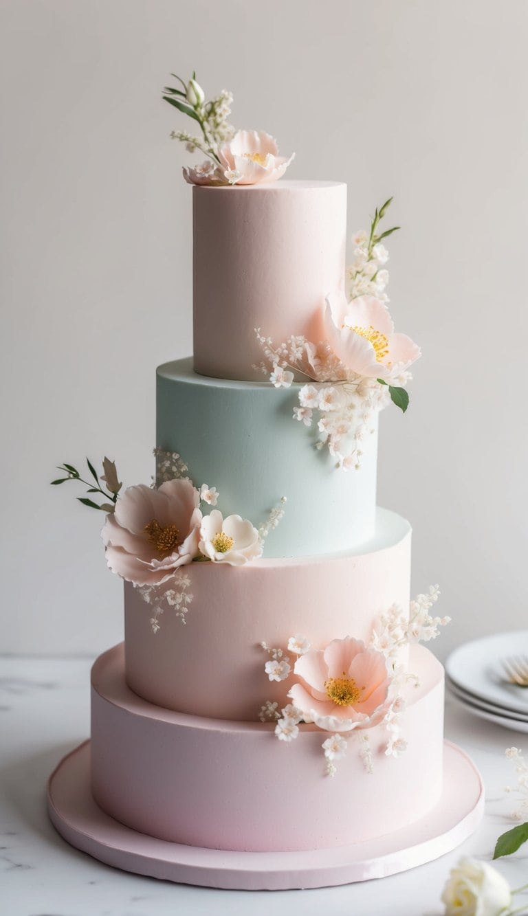 A pastel-colored cake adorned with delicate floral decorations